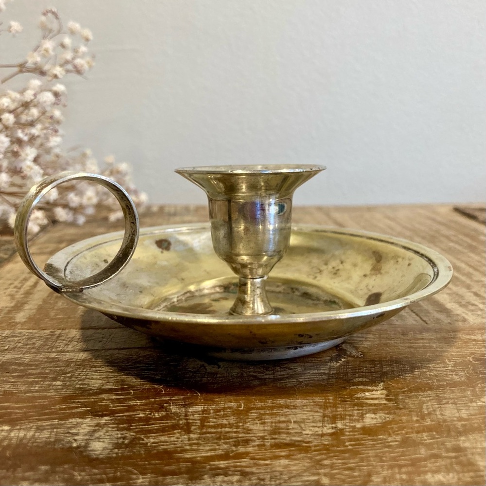 Small Vintage Silver Plated Candle Holder Hong Kong Rustic Farmhouse Decor